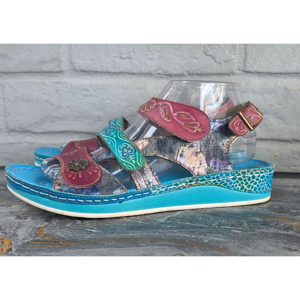 L'Artiste by Spring Step Sumacah Hand-Painted Leather Wedge Sandals Womens SZ 9